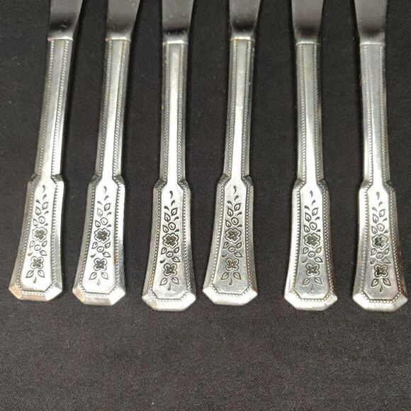 6 Rogers Landscape Dinner Knives Floral Stainless Flatware Korea - Picture 3 of 8